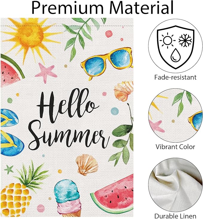Hello Summer House Flag 28x40 Inch Double Sided for Outside, Burlap Colorful Sun Ice Cream Fruits Beach Sign Yard Outdoor Decoration
