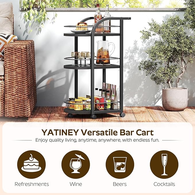 YATINEY 3-Tier Bar Cart, Home Bar Serving Cart with Fence and Wheels, for Dining Room, Living Room, Garden, Party, Black BC06BB