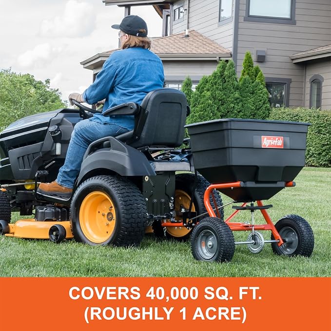 Agri-Fab 45-0547 185 lb. Tow-Behind Lawn & Garden Broadcast Spreader for Seed,Fertilizer,Salt,Ice Melt; Easy to use Flow Control from Seat of Riding Lawn Mower