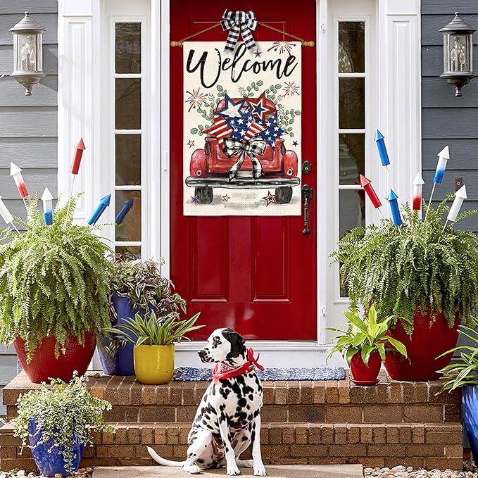 AVOIN colorlife Welcome Patriotic 4th of July Truck House Flag 28x40 Inch Double Sided, Rustic Farmhouse Yard Outdoor Decoration