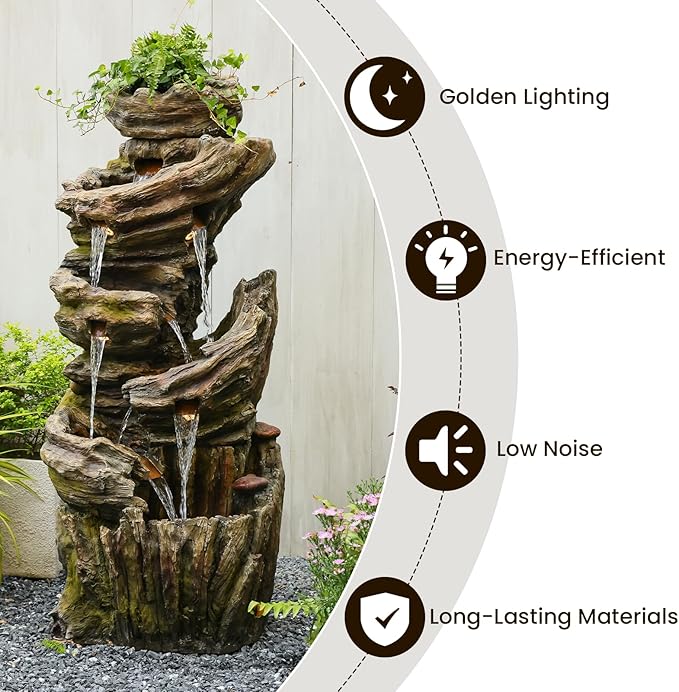Sunlinua 55" H Outdoor Water Fountain 7-Tiers Large Cascading Imitative Wood Natural Waterfall Outdoor Fountains Resin Floor Standing Foutain with LED Lights for Garden, Patio, Porch