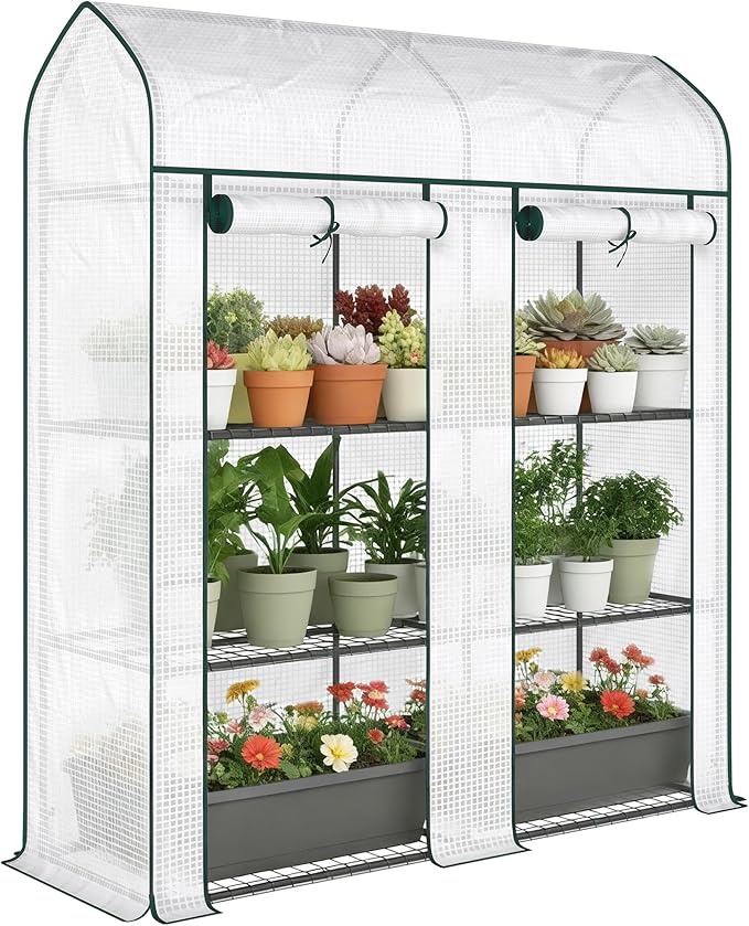 Outsunny 3 Tier Mini Greenhouse, 56.3" x 18.1" x 65" Small Portable Greenhouse with 2 Roll-up Doors, Garden Plant Growhouse with PE Cover for Indoor Outdoor, White