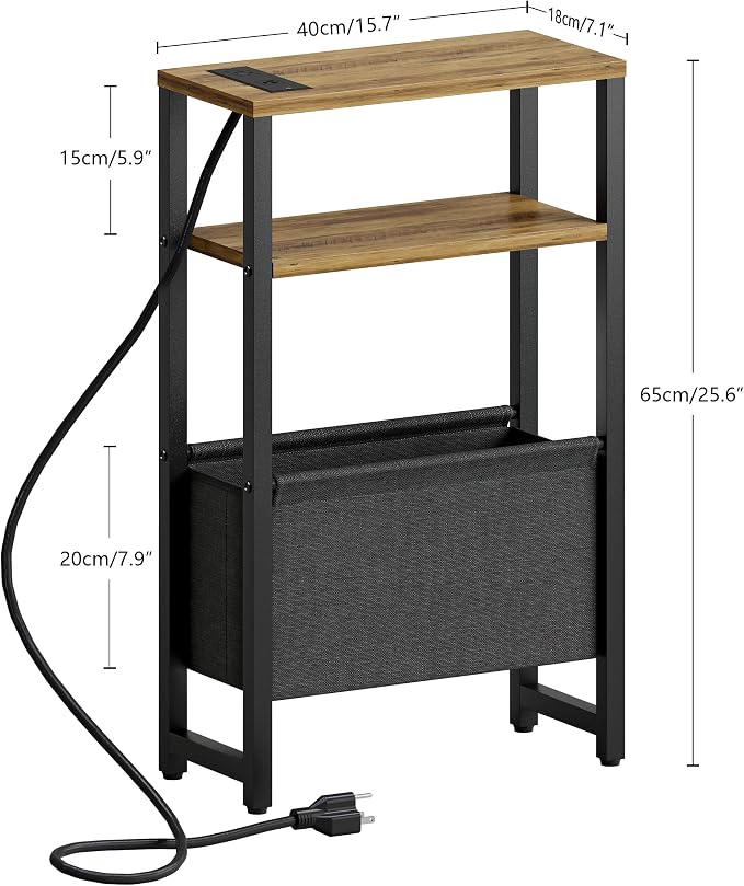 Narrow Side Table with Charging Station Slim End Table Sofa with Magazine Rack, Bedside Table for Small Spaces, 3 Tier Nightstand for Living Room Couch, Bedroom Walnut Brown LET503BRE