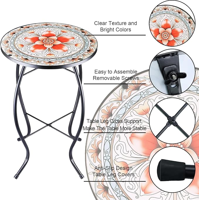 Arbuxzuy 2PCS 12 Inch Small Outdoor Side Table with Pink Flower, Glass Mosaic Patio Table Indoor, Round Plant Coffee Table for Living Room, Balcony, Garden