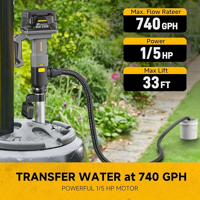 Cordless Stick Water Transfer Pump Compatible with Dewalt 20V Battery(Tool Only), 740GPH Telescoping Pole Pump, Detachable Battery Pod Handheld Sump Pump for Garden, Rain Barrels, RV Pool, Boat Well