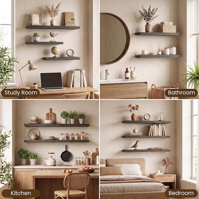 Acovy 48x8in Floating Shelves 2 Pack, Wall Mount Display Shelf, Grayish Oak | Invisible Brackets, 35lb Sturdy MDF, 48in Long, Easy Install, For Bedroom, Bathroom, Living Room, Kitchen & Office