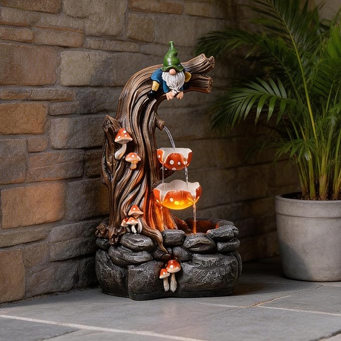 Tolevoit Gnome Outdoor Water Fountain with Warm LED Lights, Cascading Mushroom Waterfall on Tree Stump, Whimsical Garden Decor & Yard Art for Patio, Lawn, Porch and Indoor Tabletop