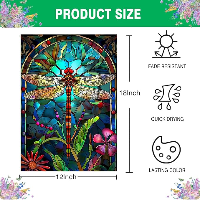 Stained Glass Spring Dragonfly Garden Flag 12x18 Inch Double Sided for Outside, Floral Small Burlap Yard Flag Seasonal Farmhouse Outside Outdoor Decor