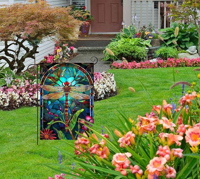 Stained Glass Spring Dragonfly Garden Flag 12x18 Inch Double Sided for Outside, Floral Small Burlap Yard Flag Seasonal Farmhouse Outside Outdoor Decor