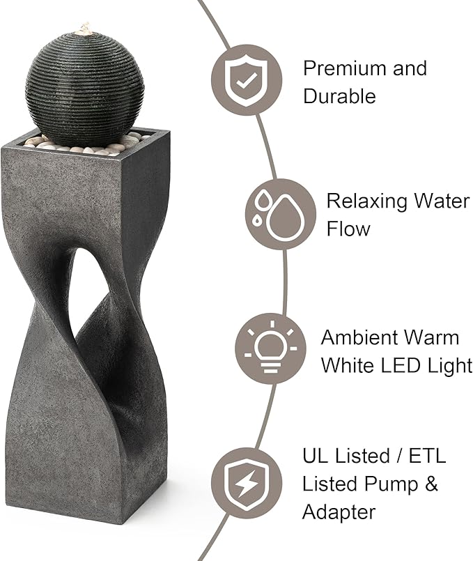Glitzhome Outdoor Water Fountain, 40.5" H Modern Geometric Pedestal and Sphere Polyresin Outdoor Fountain, Garden Fountain Waterfall with Pebbles, Pump and LED Light for Patio, Backyard, Porch, Deck