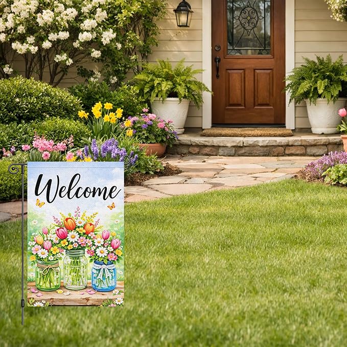Heyfibro Spring Welcome Garden Flag 12x18 Inch Double Sided Butterfly Florals Garden Flag Small Yard Flags for Outside House Farmhouse Seasonal Spring Outdoor Decorations