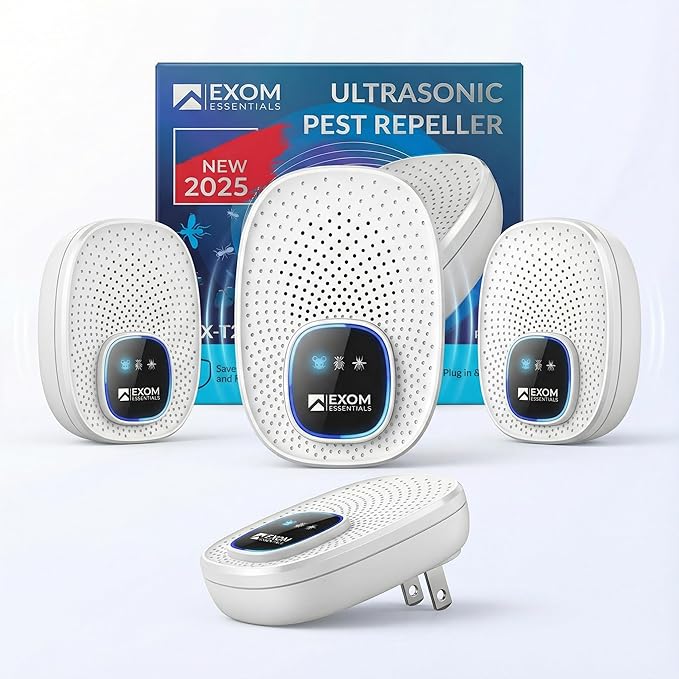 GRX-25 Ultrasonic Pest Control 4-Pack: Indoor Plug-in Mice, Rodent, Squirrel, Insect Repellent & Roach, Ant, Spider,Bats, Bed Bug, Squirrel, Flea and Mouse Trap Alternative for Home