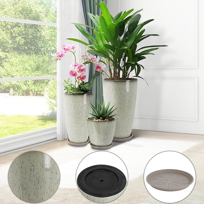 Neoaider 24/21/12 Inch Large Plastic Planter, Lightweight Ceramic-Look Tall Planters with Drain Hole & Saucers, Tall Plastic Planters for Porch, Garden, Patio, Balcony(Drip Glaze)