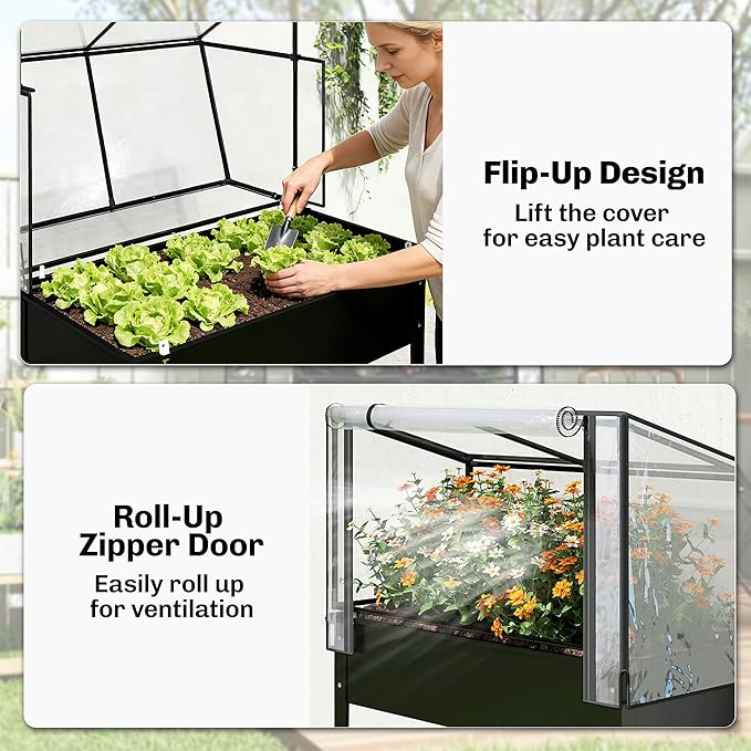 Outsunny Raised Garden Bed with Flip-Up Greenhouse Cover, Metal Elevated Garden Bed with Legs and Drainage Hole, Outdoor Raised Planter Box for Vegetables Herbs Flowers, 39.4" x 18.9" x 52.8", Black