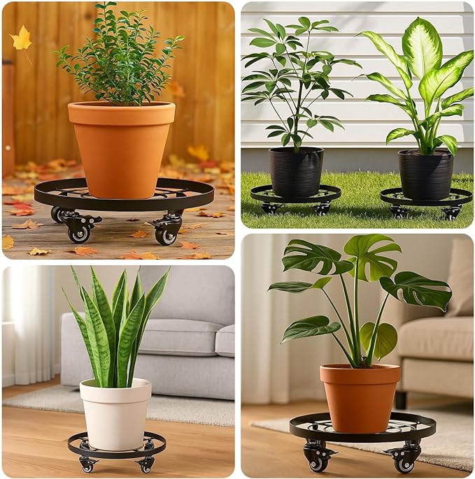 2 Packs Large Metal Plant Caddy 13.6" Plant Dolly Coasters with Wheels Heavy-Duty Rolling Plant Stand with Casters for Indoor Outdoor Planter Roller Movers, Wheeled Garden Carts