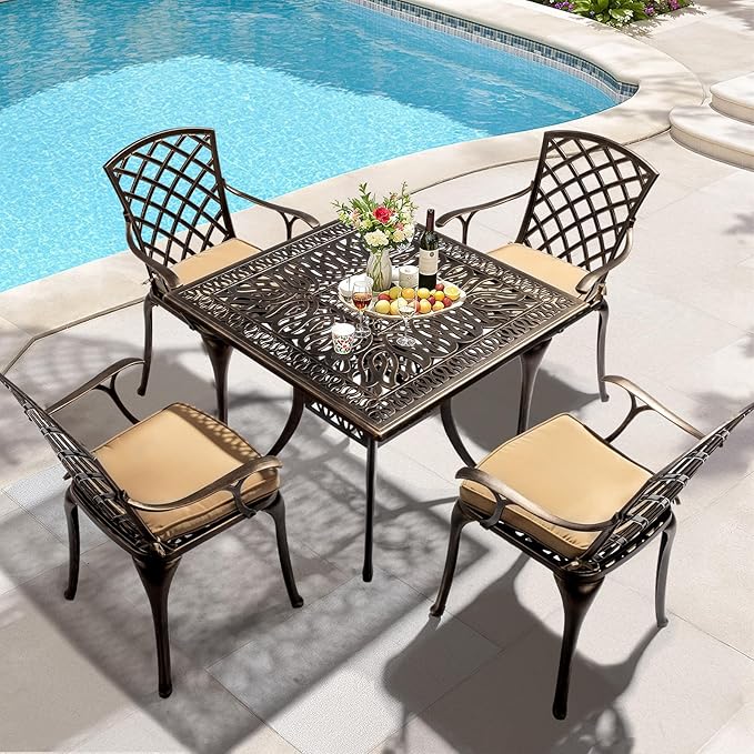 VINGLI Outdoor Dining Chairs Set of 4 with Cushion Aluminum Patio Chairs, Cast Aluminum Patio Furniture Aluminum Outdoor Chairs for Backyard, Poolside, Balcony Bronze (4, Grid Back with Cushion)