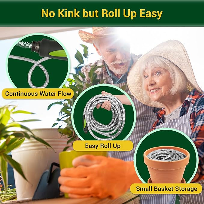 Garden Hose - Water Hose 75 FT with Swivel Handle, Flexible, Heavy Duty, No Kink, Lightweight Metal Hose for Outdoor, Yard, 304 Stainless Steel