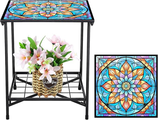 Cinnvoice Outdoor Side Table 2-Tier Storage Square Small Mosaic Patio Accent Indoor End Plant Coffee Tea Table for Yard Patio Porch Garden Living Room, Bedroom(Mandala Style)