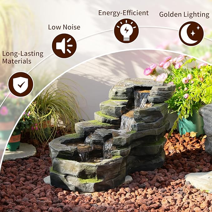 Sunlinua Garden Water Fountain Outdoor Feature, 5-Tier Rock Water Fall Fountains, Natural Waterfall Outdoor Fountains with Pump, LED Lights for Patio, Porch, Home Art Decor, 18 inch Length