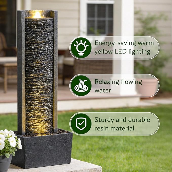 Outdoor Floor Standing Water Fountain with LED Lights, 36-Inch Modern Rectangular Cascading Waterfall Feature for Garden, Patio, Backyard, Deck & Home Decor, Durable Resin Stone-Look Finish
