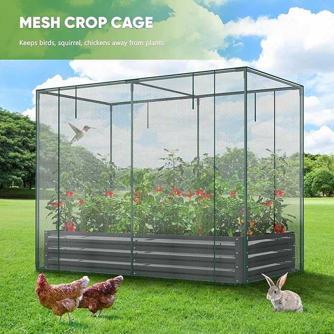 DoCred Crop Cage with Raised Garden Bed, 72.8" x 37.4" x 59" Plant Protection Tent Garden Cages with Window, 2 in 1 Galvanized Raised Garden Bed Kit and Mesh Cover for Garden, Yard, Lawn