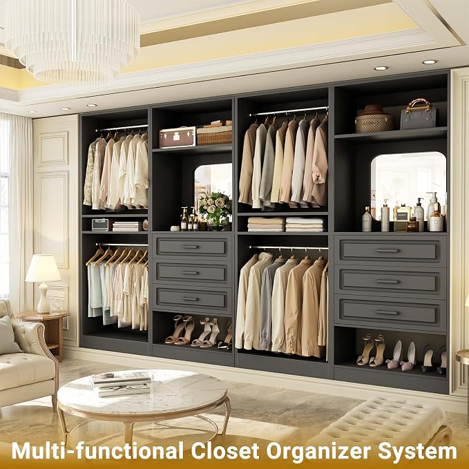Unikito Closet System, 100" Closet Organizer with Drawers & Mirror, Black
