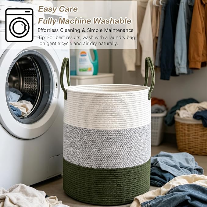 70L Woven Laundry Basket,Large Clothes Hamper with Handles-Green