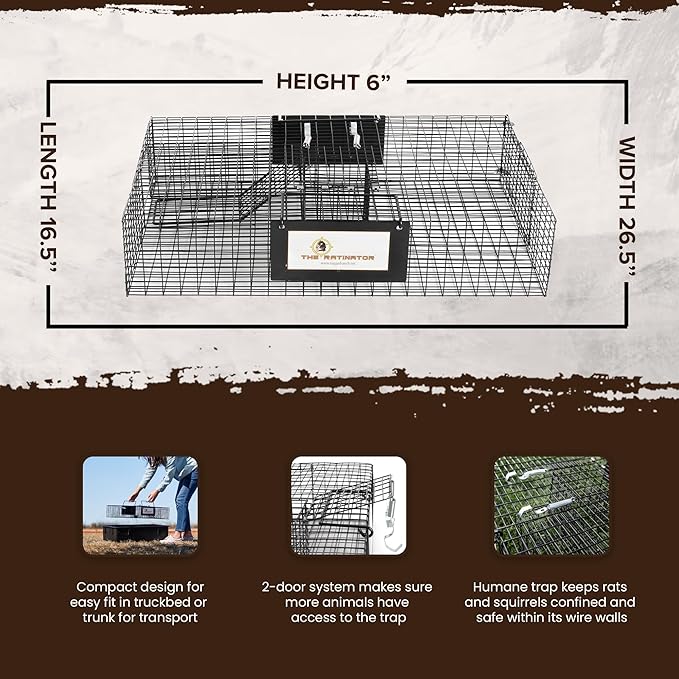 Rugged Ranch Ratinator Live Rat and Mouse Trap Cage, Humane Multi Catch Rodent Control - Indoor or Outdoor Large Metal Wire Catcher with Dual Door for Rats and Mice