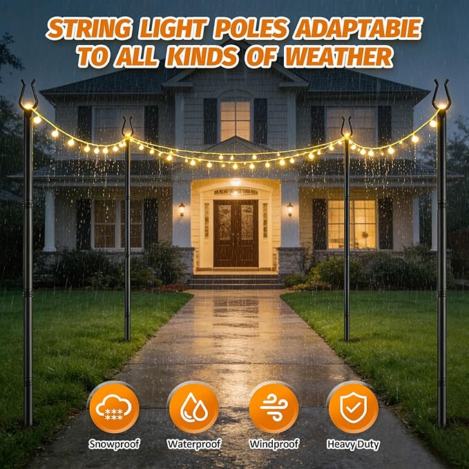 Aredy 4 Pack String Light Poles - 10FT Light Poles for Outside with Fork Base, Outdoor String Light Poles, Durable Poles for String Lights in Backyard, Deck, Garden, Wedding Events