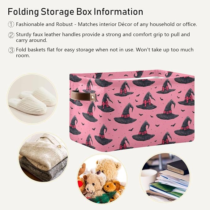Wamika Halloween Witch Hat Storage Basket with Waterproof Liner and PU Handles Pink Bow Bowknot Bat Storage Bins Boxes 14.2" Collapsible Decorative Organizer Baskets for Bedroom Closet Office 2 Pack