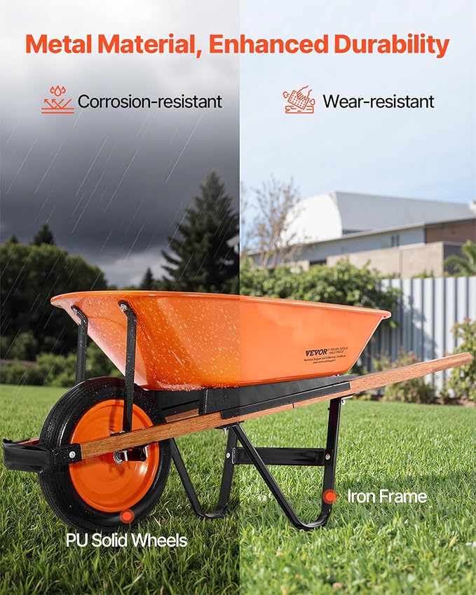 VEVOR Wheelbarrow Cart, 5 Cu. Ft. Load & 265 lbs Capacity, One Wheel Garden Dump Cart, Garden Wagon with Metal Handle & 16" Wide Track Wheels, Easy Loading Utility Yard Cart & Wagons for Lawn Farm
