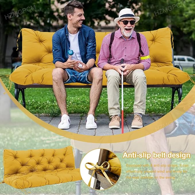 Premium 5" Thick Waterproof Outdoor Swing Cushions Sturdy Durable 3 Seat Replacement Porch Swing Cushions with Backrest&Ties Bench Cushion for Outdoor Furniture Backyard Patio (Yellow)