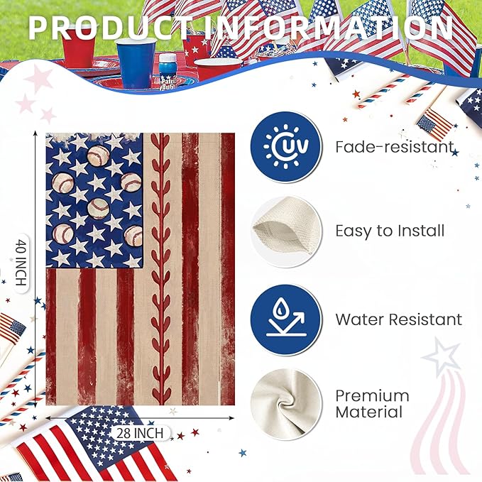 4th of July House Flags for Outdoor Decoration, Retro American Flag with Baseball Large Yard Flag,Decorative Decors for Summer 250th Years America Anniversary Holiday Outside 28x40 Inch Double Sided