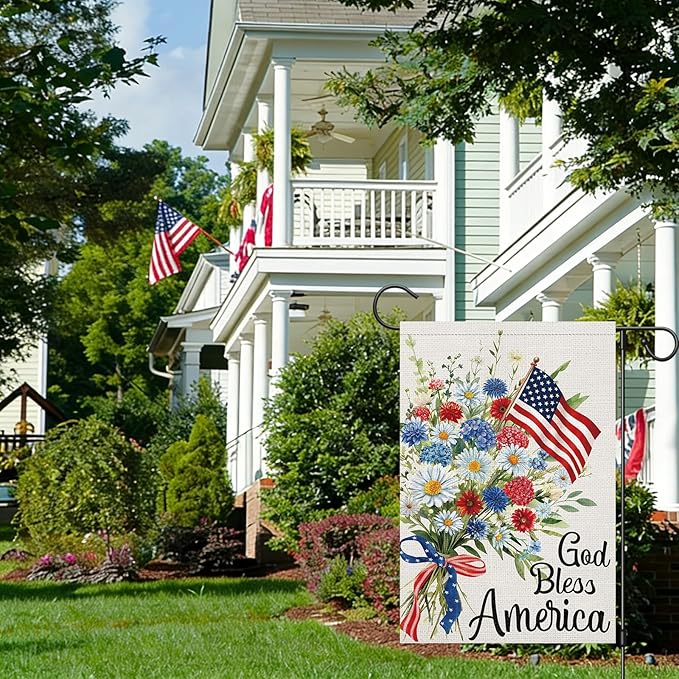 God Bless America 4th of July Garden Flag 12x18 Inch Double Sided Burlap Outside, Daisy Floral Patriotic Yard Flag for Independence Day Outdoor Decoration