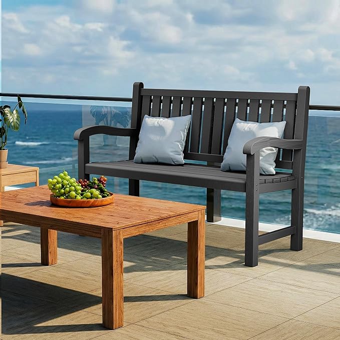PatioZen Outdoor Bench, Waterproof & Weatherproof Garden Bench with Ergonomic Design, 2-Person Resin Bench for Porch, Deck, Patio, Outdoor, Garden & Park(Black)