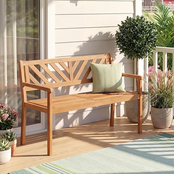 Tangkula Acacia Wood Outdoor Loveseat Bench, 2-Person Patio Garden Bench with Armrests & Backrest, Slatted Wooden Outside Seating Furniture for Backyard, Porch, Deck (V-Shaped Backrest)