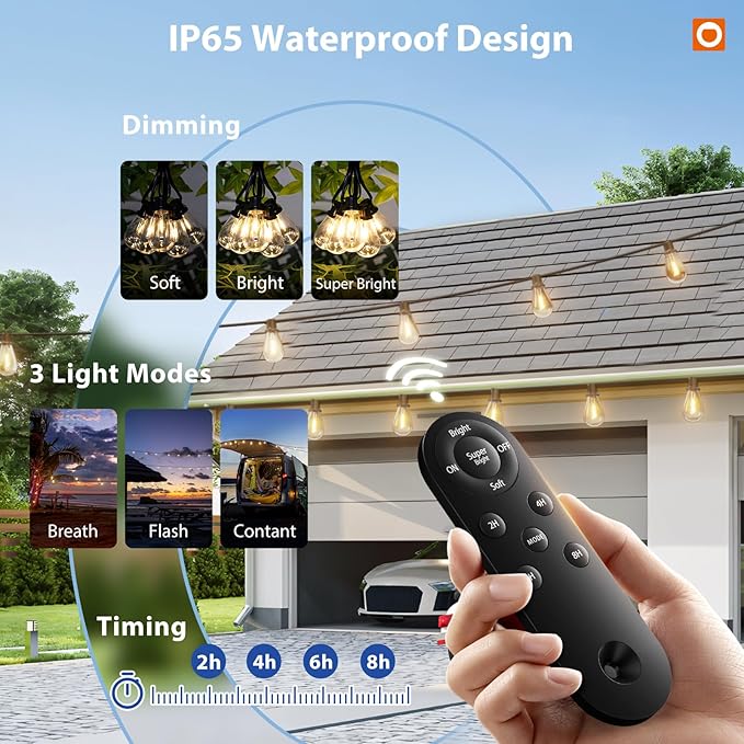 addlon 102FT(96FT+6) Solar String Lights Outdoor Waterproof with USB Port & Remote Control Solar Patio Lights for Outside Solar Powered with 52 LED Dimmable Bulbs for Porch Garden Deck Halloween
