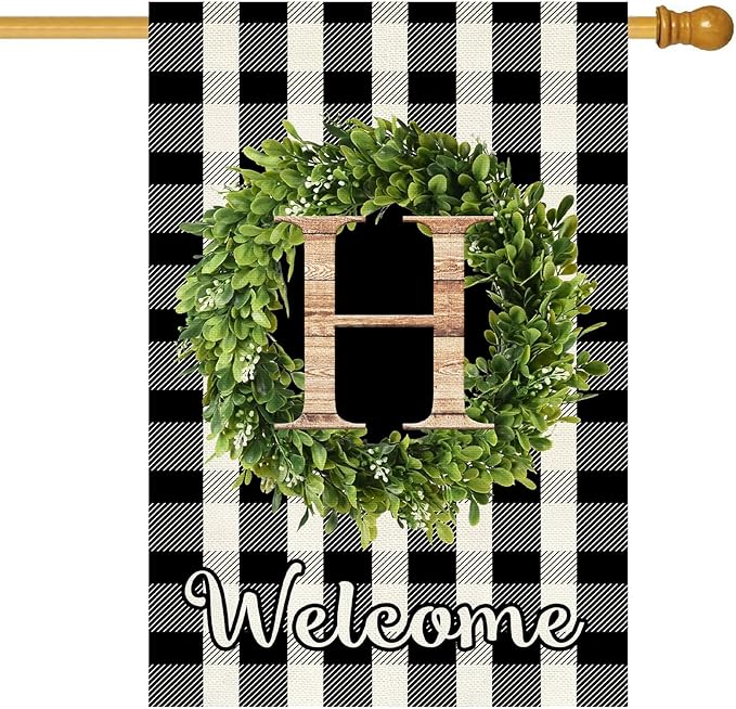 Baccessor Monogram Letter S Garden Flag 28 x 40 Inch, Buffalo Plaid Family Last Name Initial Boxwood Wreath Welcome Vertical Double Sided Large Flags for Outdoor Outside Decoration