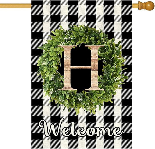 Baccessor Monogram Letter S Garden Flag 28 x 40 Inch, Buffalo Plaid Family Last Name Initial Boxwood Wreath Welcome Vertical Double Sided Large Flags for Outdoor Outside Decoration