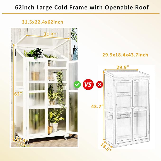 Mini 4-Tier Greenhouse with Locking Wheels, 62 Inch Height Portable Wooden Green House Cold Frame with Adjustable Shelves and Vent, Small Garden House for Outdoor Indoor, White