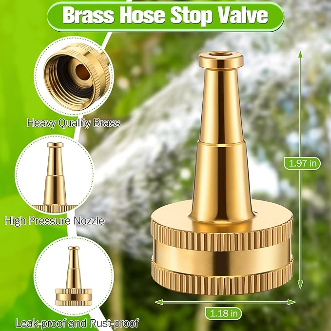 4 Pcs Garden Hose Nozzle Kit, 4" Brass Adjustable Twist Nozzle, Jet High Pressure Sprayer, Brass Shut Off Valve with 10 Rubber Washers, 3/4" GHT Connector for Sprinkler(High Pressure,2 in)