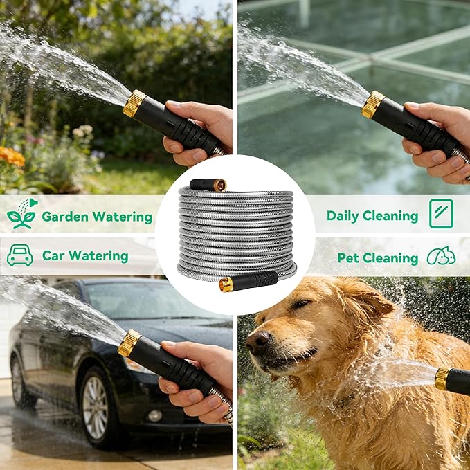 HERZO 50FT Metal Garden Hose, Ultra Flexible Stainless Steel Water Hose, Non-Kinking, Leak-Resistant Design with Solid Brass Connectors