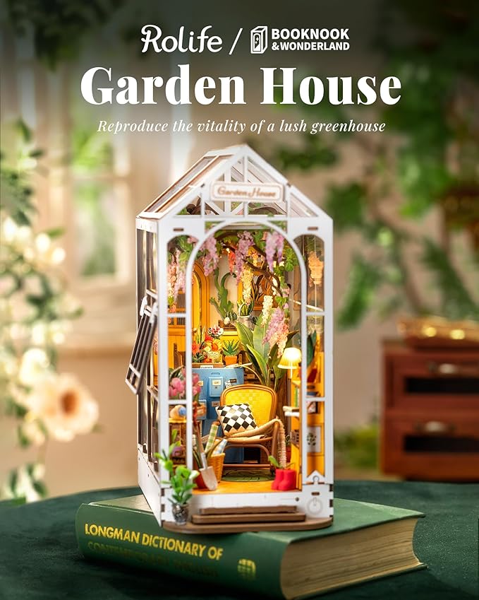 Rolife DIY Book Nook Kit Wooden 3D Puzzle Bookends 9.5" Garden House Miniature Kit with LED Bookshelf Decor Arts and Crafts for Adults Family Project Hobby Creative Gifts for Girls Boys Christmas