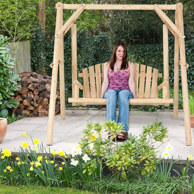 Tangkula A-Frame Wood Log Swing Bench, Outdoor Rustic Curved Back Swing Chair for Patio Garden Yard