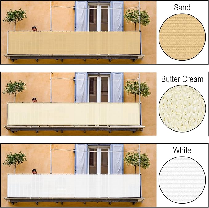 SUNLAX 3'x10' Butter Cream Balcony Privacy Screen Fence Windscreen Cover Fabric Shade Netting Mesh Cloth with Grommets UV Protection for Patio, Backyard, Porch, Railing Shield 90%