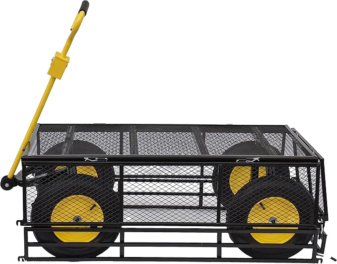 Heavy-Duty Iron Garden Cart Wagon with 1100 lbs Capacity, 15 inch Pneumatic Tires for Firewood, Debris & Outdoor Tasks - 55" L x 24" W x 46.8" H,Yellow & Black