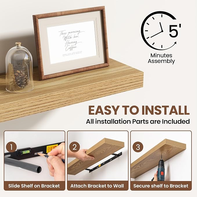 Acovy 55 Inch Floating Shelves for Wall 2 Pack, 55" Wall Shelves for Books, Storage, Decor, Wall Mounted Floating Shelf with Invisible Brackets for Kitchen, Living Room, Light Brown