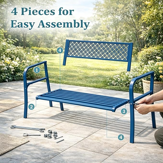 Garvee Outdoor Metal Garden Bench for 2 Person, Heavy Duty Steel Patio Bench 790 Lbs Capacity, Weather Resistant Black Porch Seating with Geometric Backrest, Outdoor Furniture for Yard, Deck, Entryway