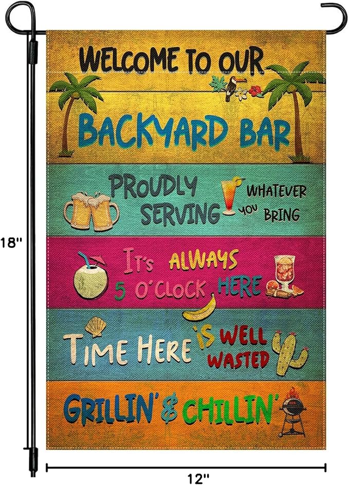 Snycler Welcome To Our Backyard Garden Flag, Swimming Pool Decor Classic Garden Signs Gift For Summer Vibes, Friends Party Decorative Signs For Yard (Backyard Bar) 12 x 18 Inch