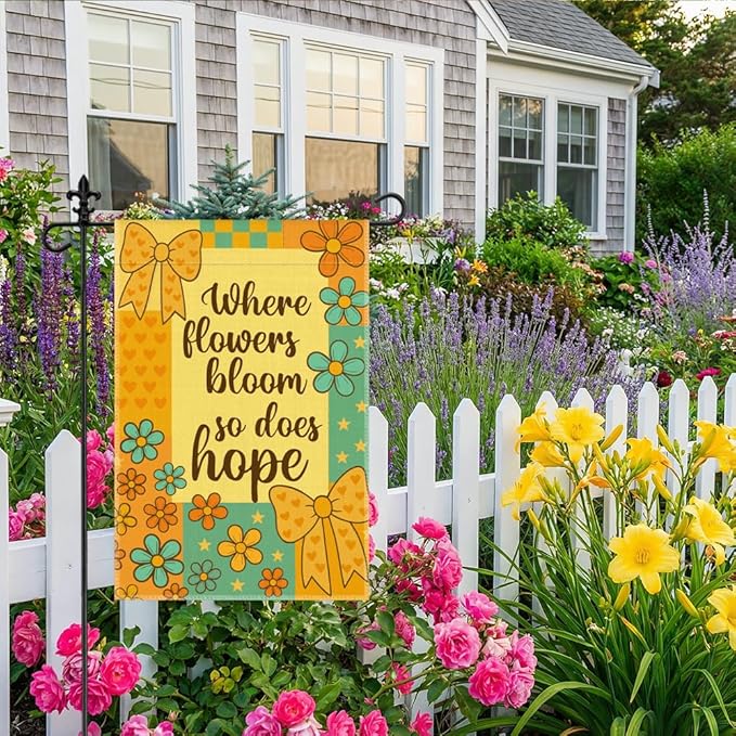 Where Flowers Bloom So Does Hope Garden Flag, 12 x 18 Inch Double Sided Inspirational Floral Yard Flag Mother’s Day Gifts for Mom Grandma Garden Lover, Spring Summer Outdoor Lawn Porch Decor